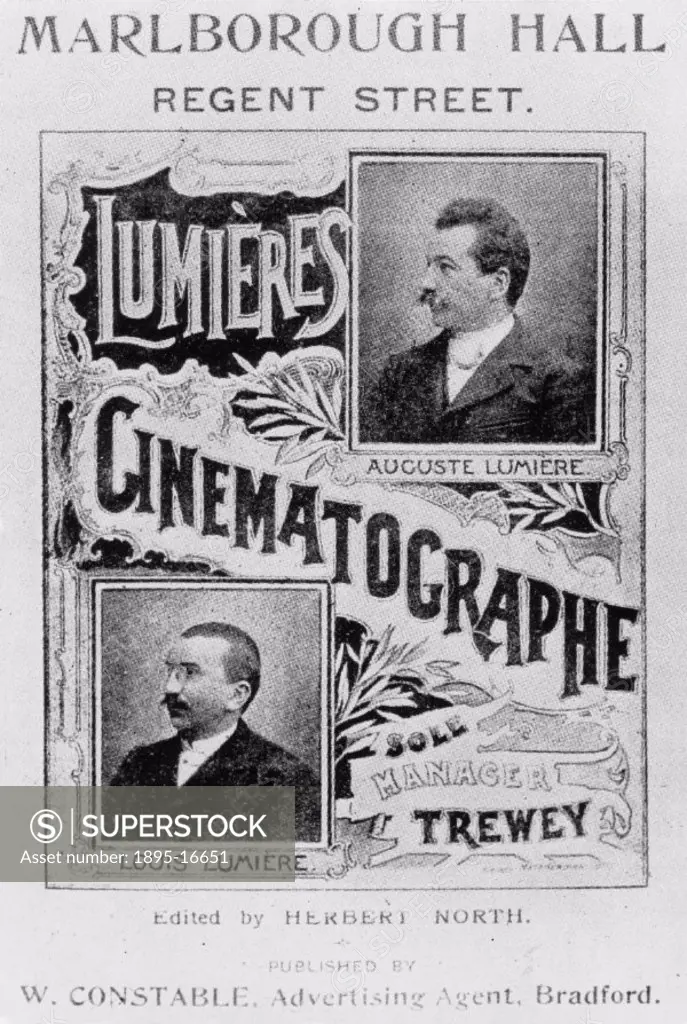 Advertisement for Lumiere Cinematographe exhibitied at the Marlborough Hall in Regent Street, London. Louis Lumiere (1864-1948) and Auguste Lumiere (1...