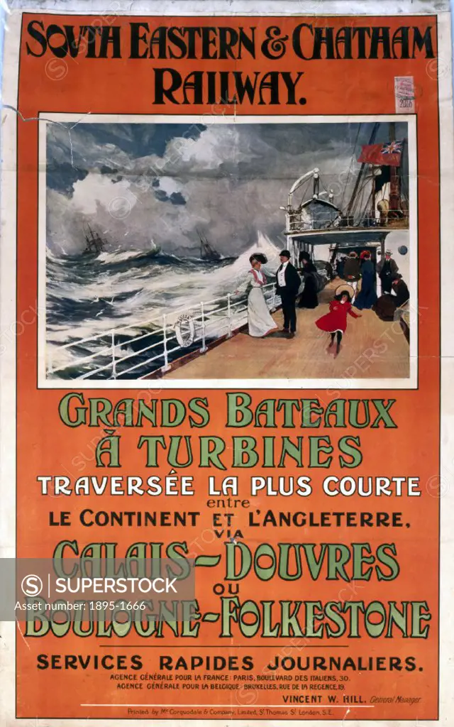 Grandes Bateaux a Turbines´, 1907. Poster produced for the South Eastern & Chatham Railway to promote Calais-Dover and Boulogne-Folkestone rail servic...