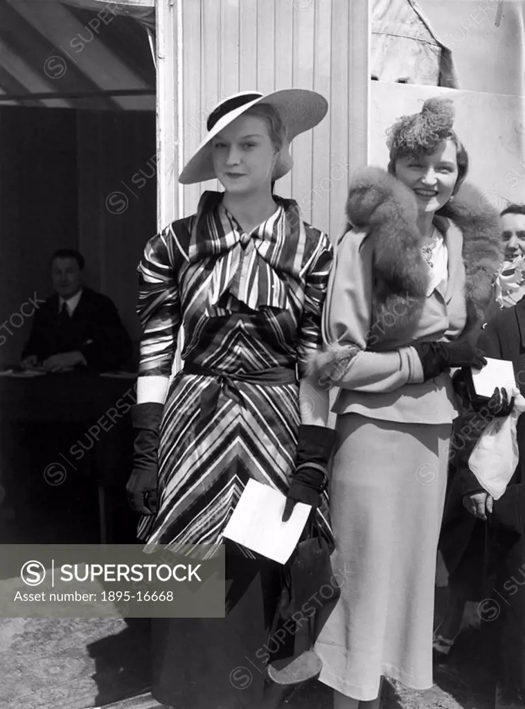 Fashions at the Royal Ascot Races, Berkshire, 16 June 1936.Young ladies posing for the camera outside a tent during the first day of racing at Ascot. ...