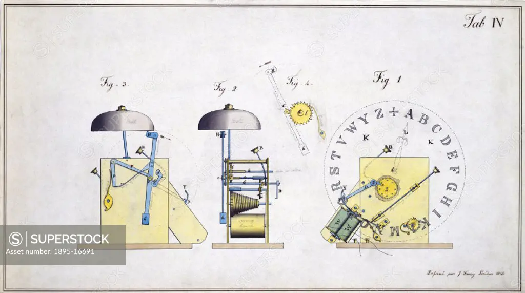 One of six technical drawings in ink with colour washes by John Farey, prepared for the French patents covering English specifications for the electri...
