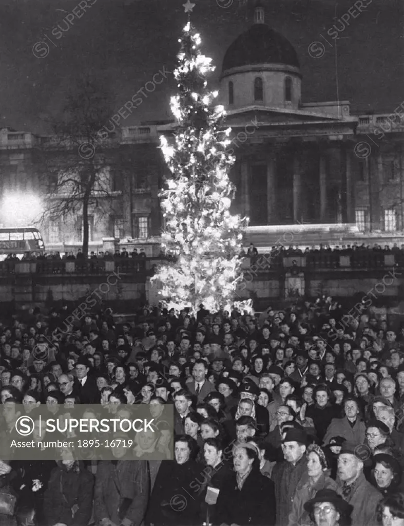 ´Crowds join in the singing of carols with the Strand House Choir, with the lighted tree in the background.´