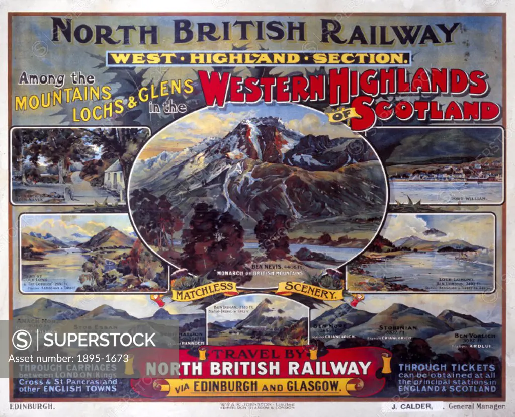North British Railway poster featuring Ben Nevis, lochs and glens.