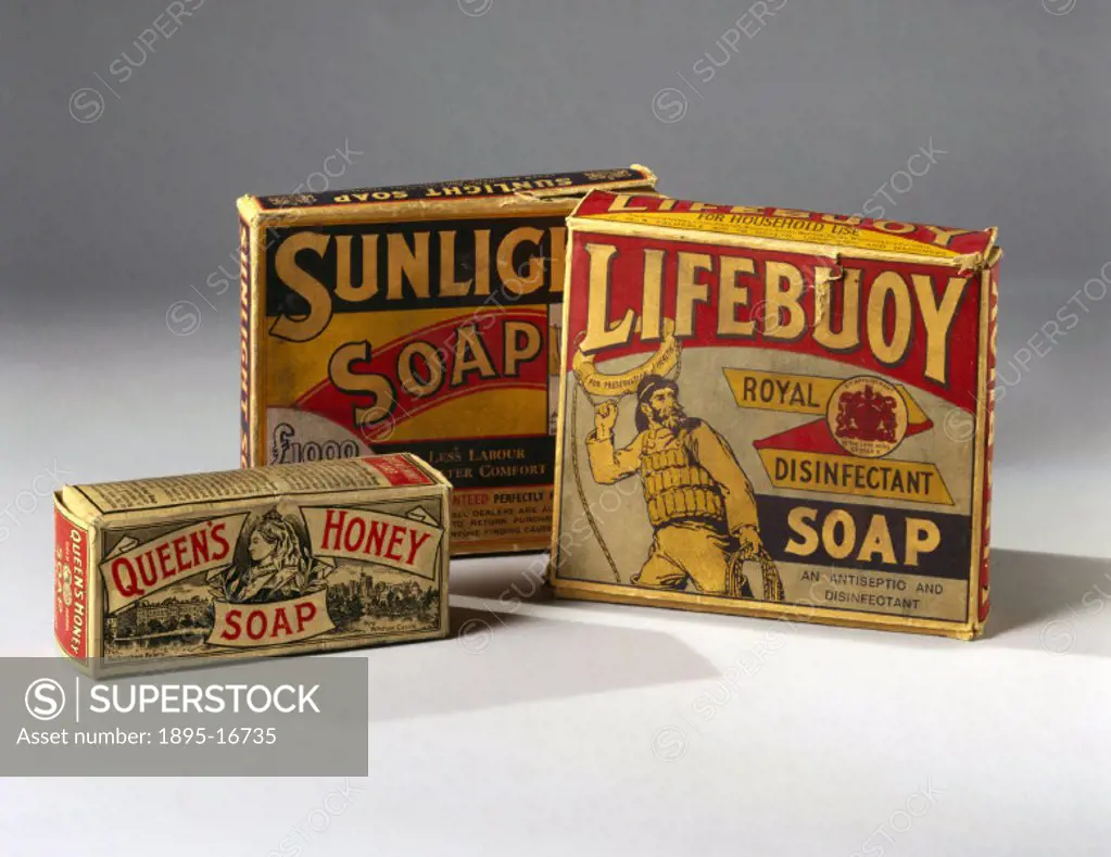 From left to right: Queen´s Honey’ soap, Sunlight’ soap and Lifebuoy’ soap. The Queen’s Honey soap has pictures of Queen Victoria, Buckingham Palac...