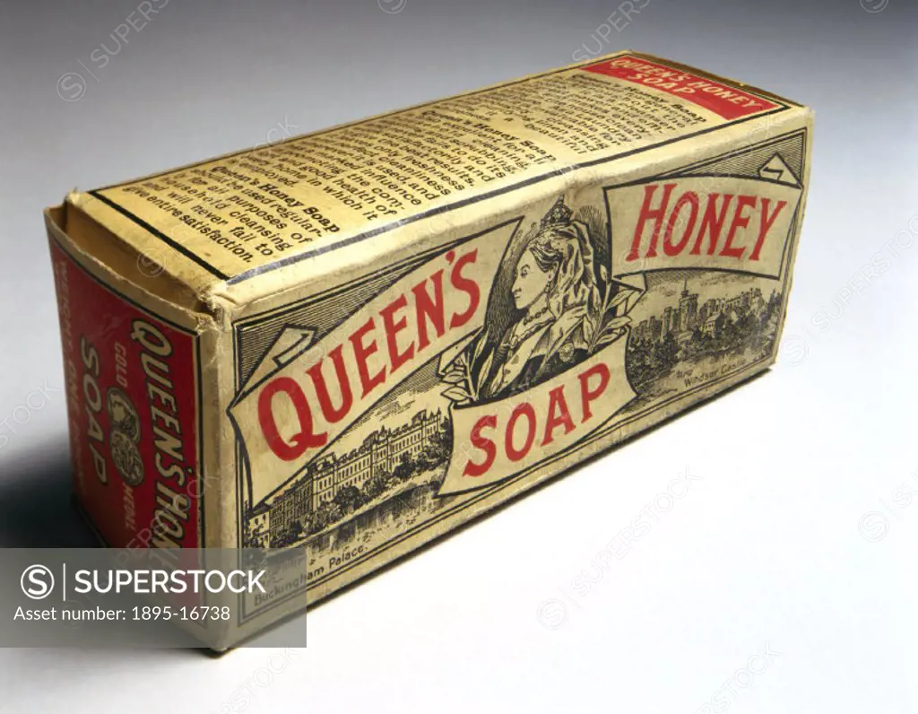 Packet of soap with pictures of Queen Victoria, Buckingham Palace and Windsor Castle. The manufacturers recommended it for household and laundry use.