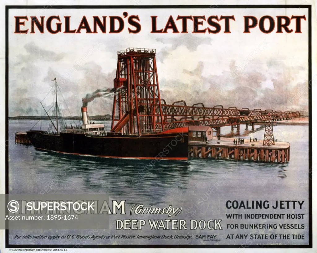 GCR poster showing the port of Immingham at Grimsby which boasted a deep water dock. Artwork by Fortunino Matania.