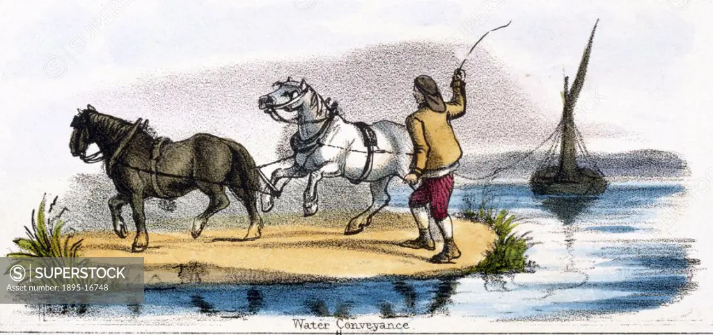 Vignette from a lithographic plate showing horses pulling a barge. Taken from ´The Horse´ in ´Graphic Illustrations of Animals - showing their utility...