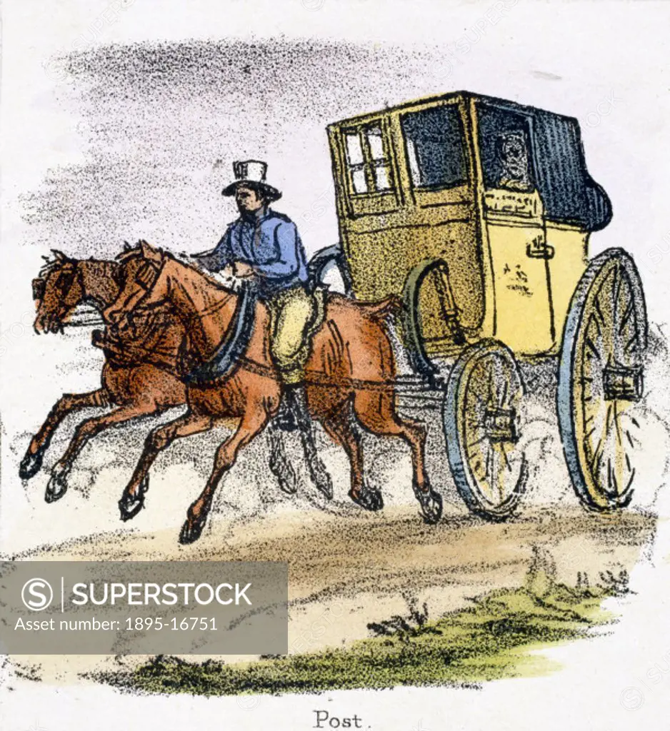 Vignette from a lithographic plate showing a horse-drawn post-chaise with postbag outrider. Taken from ´The Horse´ in ´Graphic Illustrations of Animal...