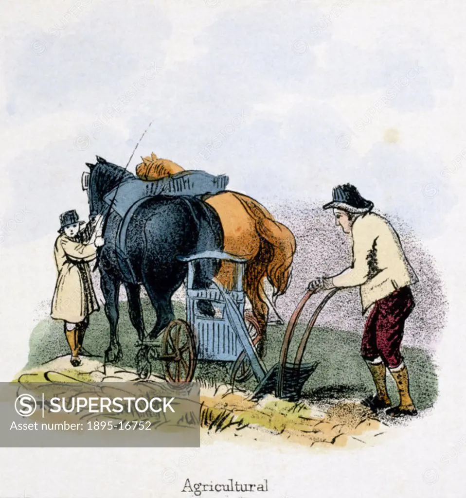 Vignette from a lithographic plate showing a farmer guiding a plough drawn by heavy horses. Taken from ´The Horse´ in ´Graphic Illustrations of Animal...