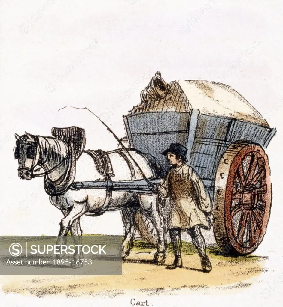 Vignette from a lithographic plate showing a large two-wheeled horse-drawn farm cart. Taken from ´The Horse´ in ´Graphic Illustrations of Animals - Sh...