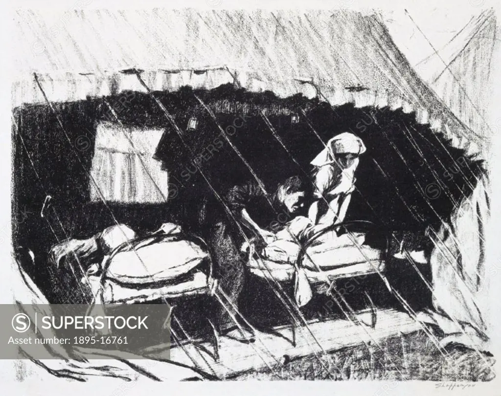 Lithograph by Claude Shepperson, from the ´Tending the Wounded´ series, showing nurses tending wounded soldiers in a tent at a WW1 field hospital. The...