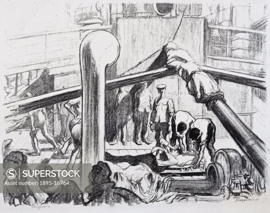 Lithograph by Claude Shepperson, from the ´Tending the Wounded´ series, showing wounded soldiers on the deck of a ship. The British Army had a total o...