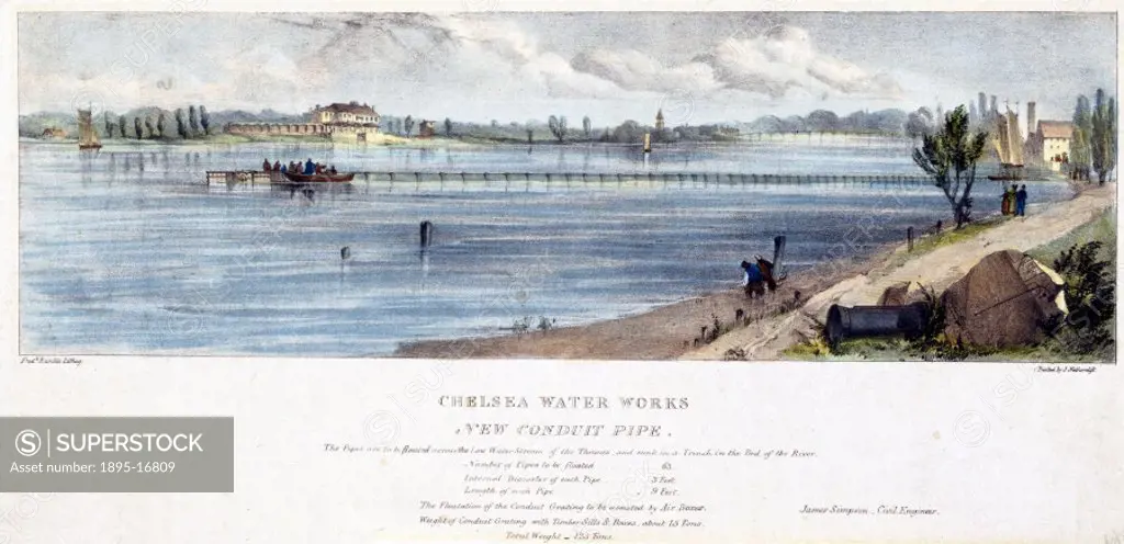 Lithograph by Fred Rumble. Based upon a scheme by the engineer of the Chelsea Water Works Company, James Simpson (1799-1869), the pipe was to be float...