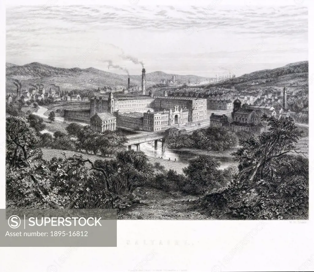 Steel engraving by William Home Lizars showing the textile mill at Saltaire, West Yorkshire. Salts Mill, situated on the bank of the River Aire near ...