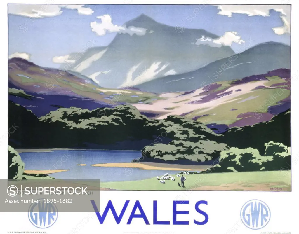 Poster produced for Great Western Railway (GWR) to promote rail travel to Wales. The poster shows a view of Cader Idris and Afon Mawddach. Artwork by ...