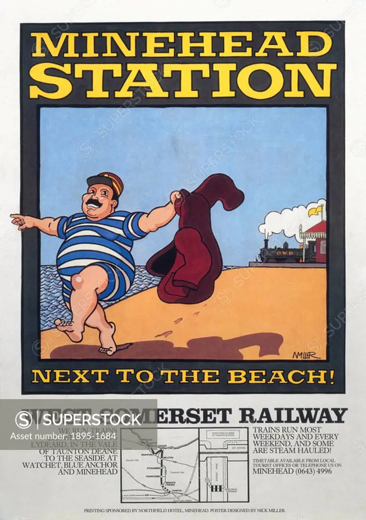 ´Minehead Station _ Next to the Beach!´.Minehead Station _ Next to the Beach!´, West Somerset Railway poster, 1970s_1980s. Poster produced for the pri...