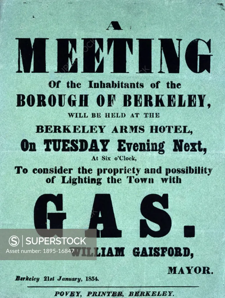 Broadsheet notice advertising a meeting to discuss the ´propriety and possibility´ of lighting the town of Berkeley, Gloucestershire with gas. The fir...