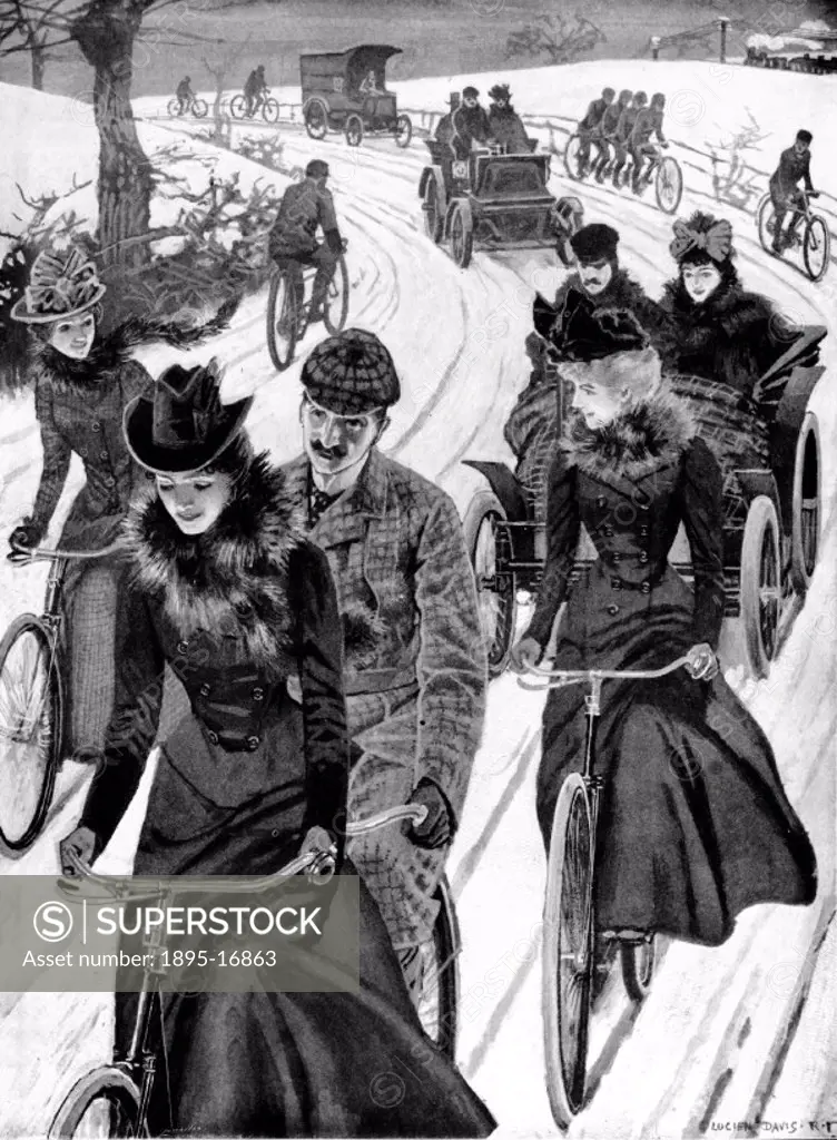 Cycling, 1899. Plate taken from Illustrated London News (Vol 99/2, p CN11) showing men and women cycling in front of couples in motor cars. The lyrics...