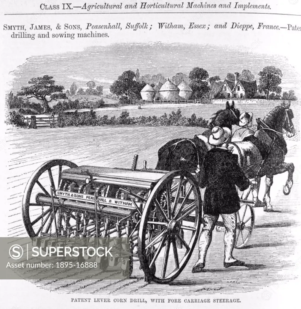 An illustrated plate from the trade catalogue of the 1862 Great Exhibition in London, (Vol 1, part 5), advertising agricultural machines. Shown here i...