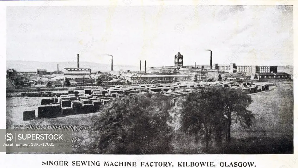 Exterior view of The Singer Sewing Machine Factory at Kilbowie, near Glasgow in Scotland. Isaac Merritt Singer (1811-1875) designed the first practica...