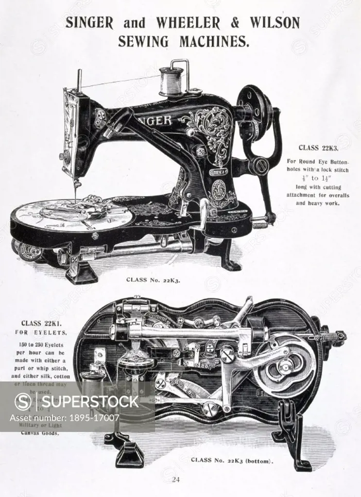 Trade advertisement for Singer and Wheeler & Wilson Sewing machines, showing the Class 22K1’ and 22K3’ models. Isaac Merritt Singer (1811-1875) tota...