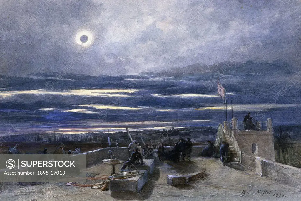 Watercolour by Paul Jacob Naftel. Naftel was employed as official artist on the 1870 English expedition sent to Spain to view the solar eclipse. Solar...