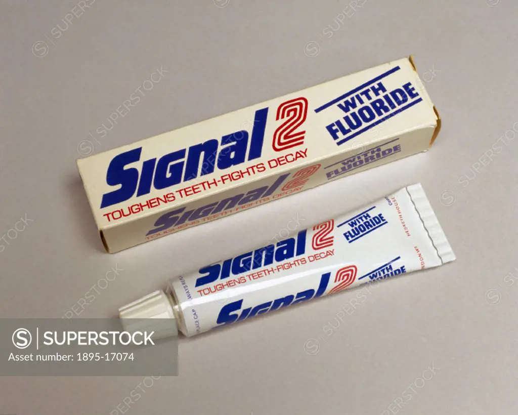 A tube of Signal 2 toothpaste with box. Toothpaste is thought to have been used as long ago as 500 BC in China, but modern toothpastes date from the 1...