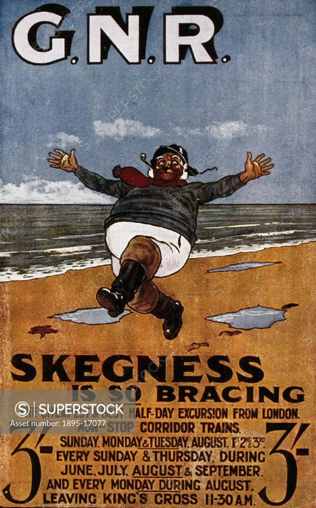Postcard of poster produced for the Great Northern Railway (GNR). Artwork by John Hassall (1868-1948). The ´Jolly Fisherman´ poster at Skegness is one...