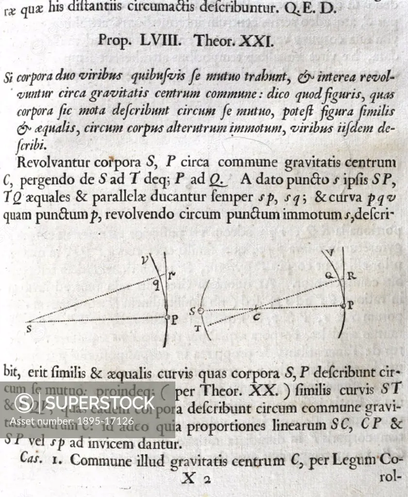 Proposition 58, Theorem 21, concerning the motion of bodies drawn to one another by centripetal forces, from Newton´s ´Principia Mathematica´ (1687). ...