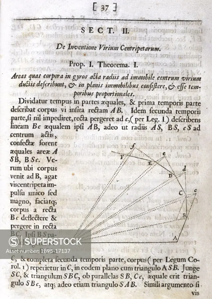 Proposition 1, Theorem 1, to find centripetal forces, from the first edition of Newton´s ´Principia Mathematica´ (1687): The areas which bodies made ...