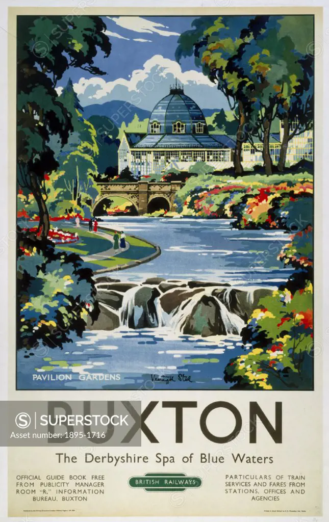 British Railways (London Midland Region) poster of Pavilion Gardens at Buxton, Derbyshire. Artwork by Kenneth Steel.