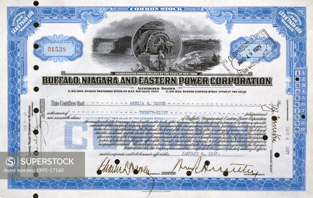 Share certificate issued on 4th January 1927 on behalf of the Buffalo, Niagara and Eastern Power Corporation. The certificate is for 28 shares issued ...