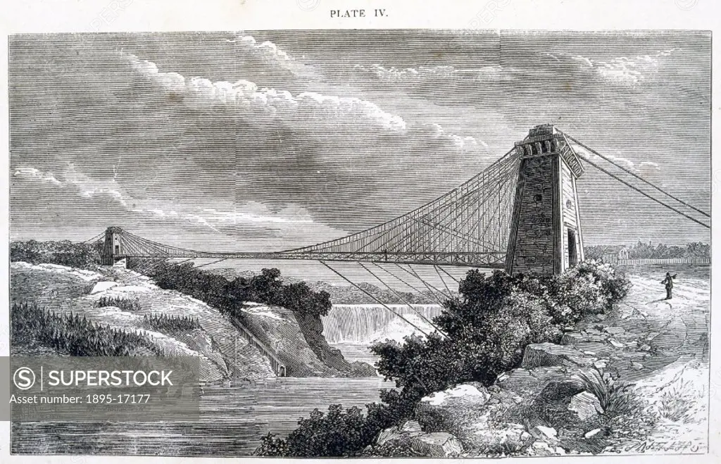Plate taken from ´Discoveries and Inventions of the 19th Century´ (1877) by Robert Routledge. Opened in 1869, this bridge was built by Samuel Keefer t...