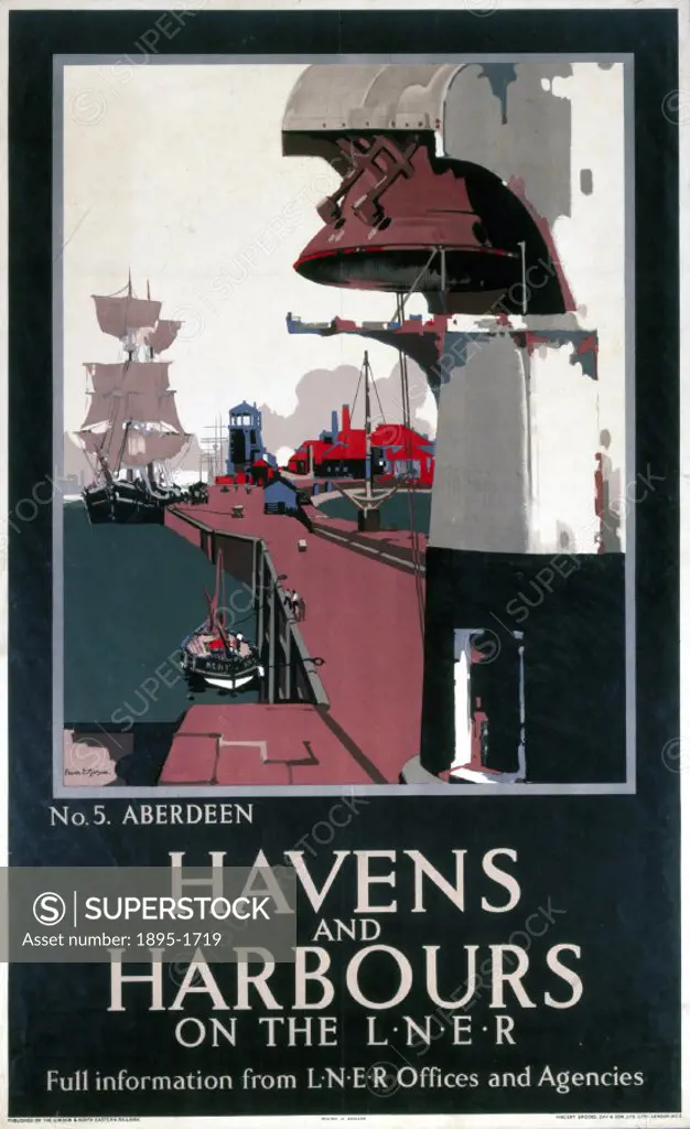 Poster produced for the London & North Eastern Railway, showing the harbour wall at Aberdeen, with a large bell in the foreground, and a tall-ship and...