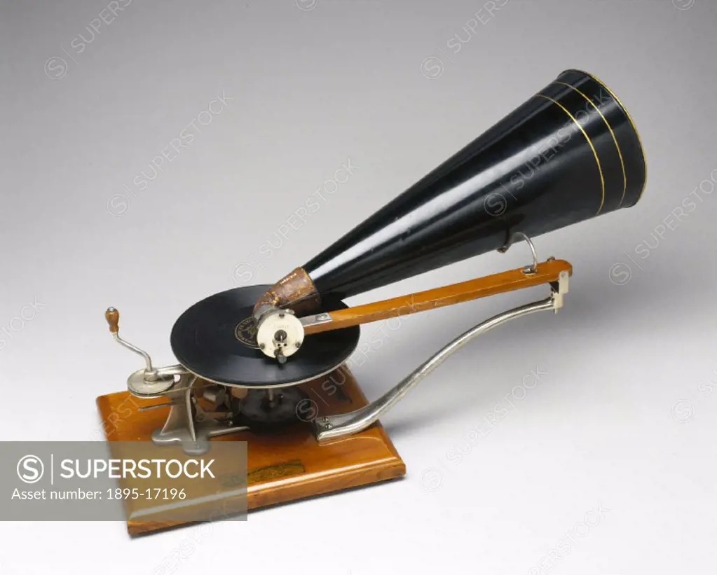 HMV gramophone, 1896. Hand-driven and mechanically governed gramophone with a 7 inch turntable.