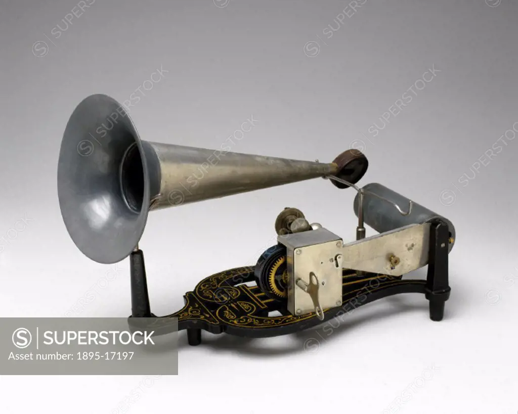 Puck phonograph with two records, c 1900. Phonograph with ball needle for recording and reproducing and a clockwork drive metal trumpet.