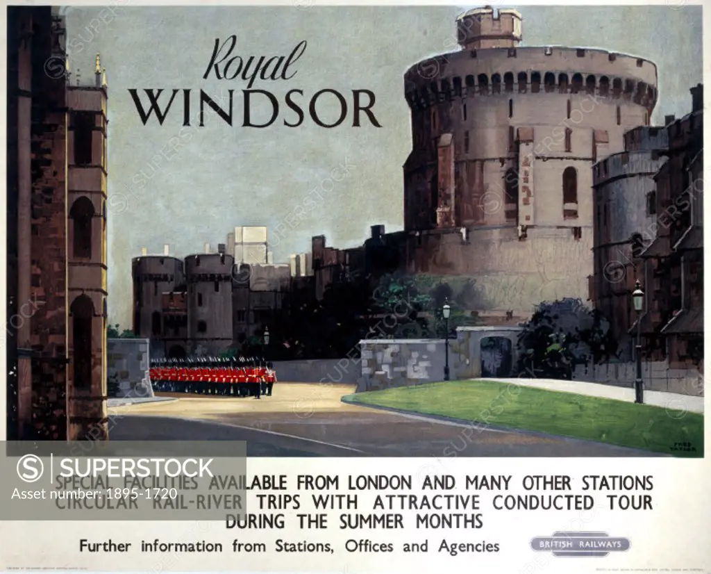 Poster produced for British Railways (BR), Western Region (WR), promoting rail travel to Windsor in Berkshire, showing soldiers marching past Windsor ...