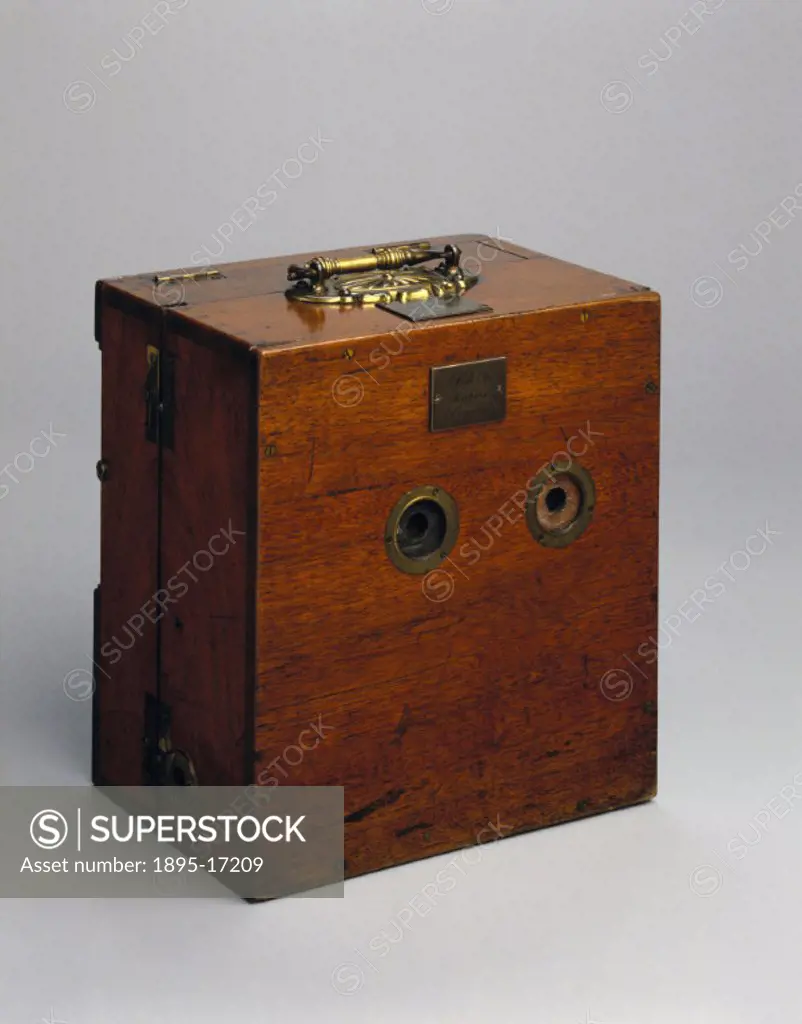 Stereo cine camera, 1890. This camera was designed by William Friese-Greene (1855-1921) and produced in association with A Lege and Co. It has many of...