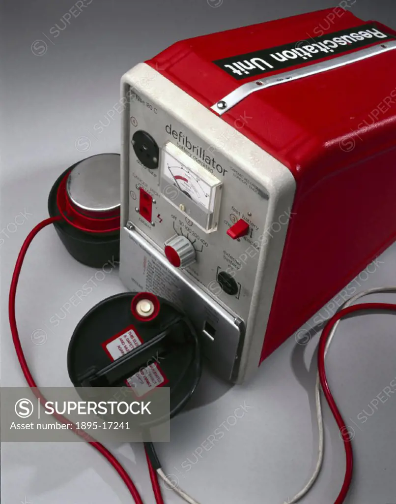 A battery operated defibrillator, type 180c, with type 182 rechargeable power pack and paddles, made by Cardiac Recorders Ltd, London. If the heart st...