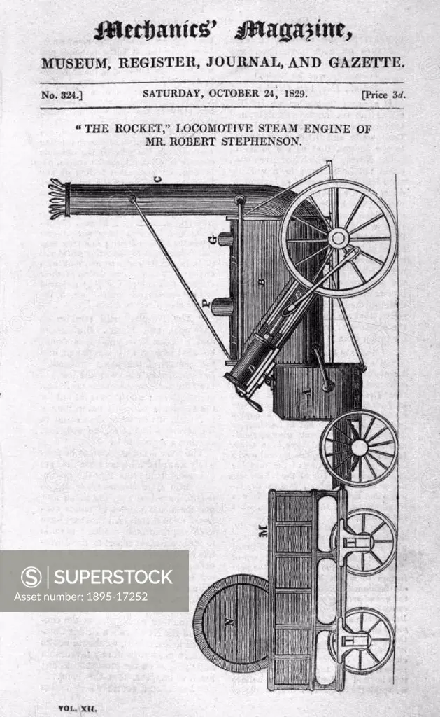 The front cover of ´Mechanics´ Magazine´, published 24 October, 1829, promoting Robert (1803-1859) and George Stephenson´s (1781-1848) ´Rocket´ which ...