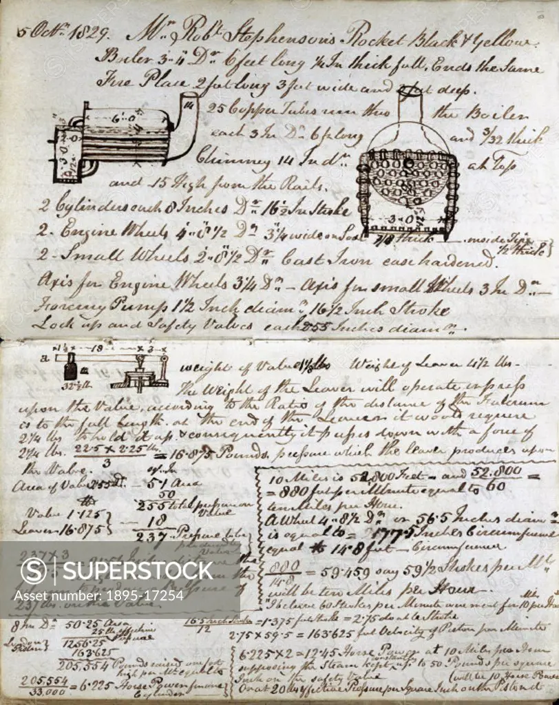 Pages 18 and 19, dated 5 October 1829 from the notebook, belonging to John Urpeth Rastrick (1780-1856), that was used to record details of the Rainhil...