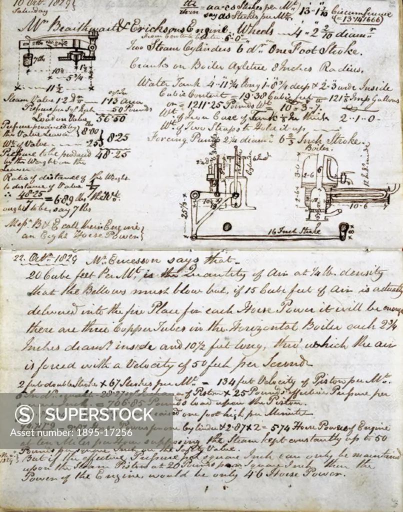Drawing from page dated 10 October 1829 from the notebook belonging to John Urpeth Rastrick (1780-1856) used to record details of the Rainhill locomot...