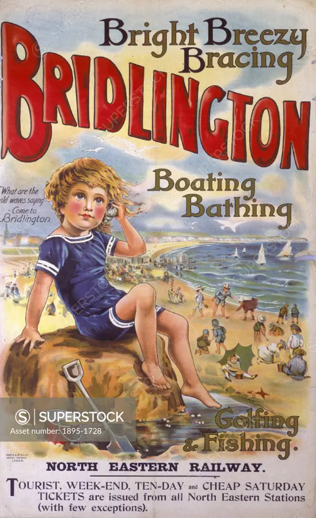 Poster produced by North Eastern Railway (NER) to promote the range of tickets offered to the coastal holiday destination of Bridlington, North Yorksh...