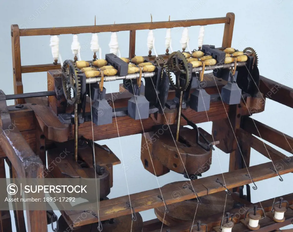 Detail. Designed and constructed by Sir Richard Arkwright (1732-1792) in about 1775, these machines were used to spin cotton thread at Arkwright´s Cro...