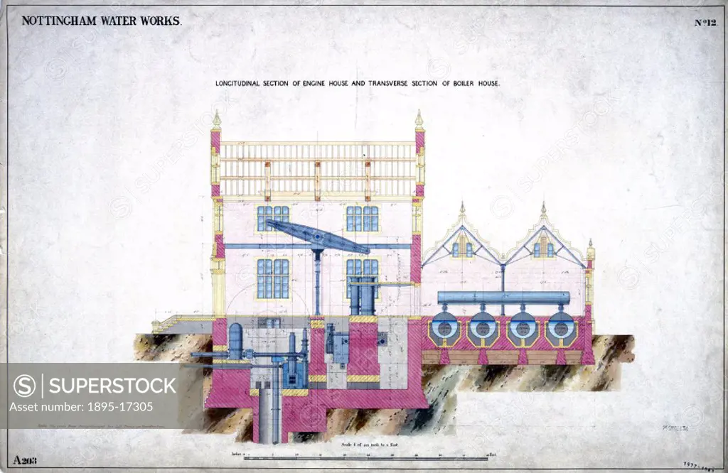 Drawing (Scale 1/4inch to 1 foot) showing a longitudinal section of the engine house and transverse section of the boiler house of the Nottingham Wate...
