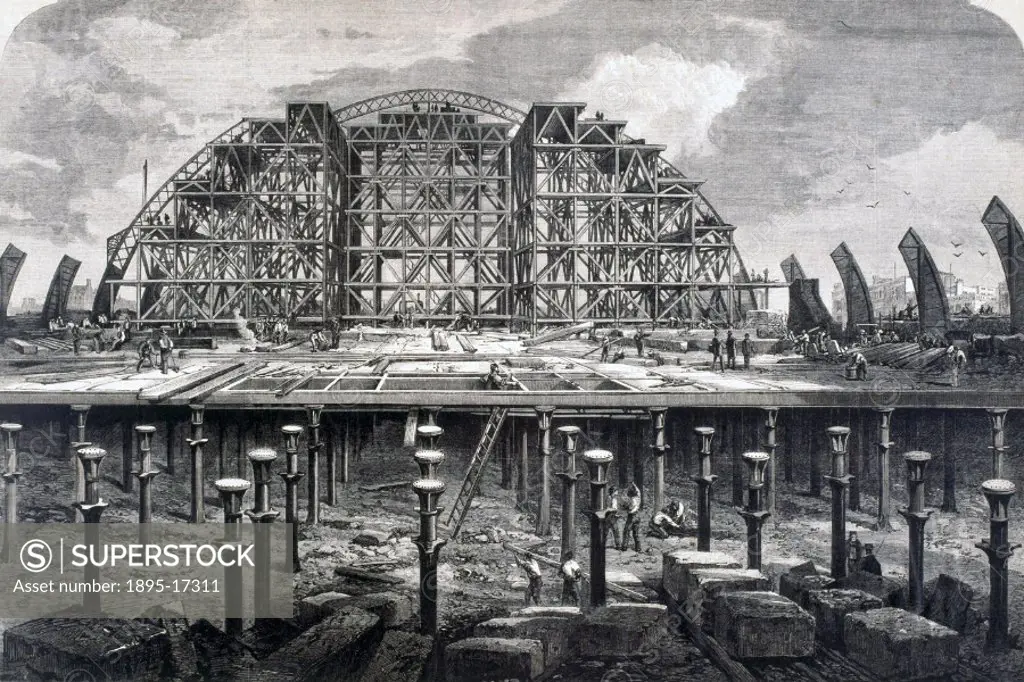 Engraved plate taken from ´The Illustrated Times´. The St Pancras train shed was designed by William Henry Barlow, the Midland Railway´s Consulting En...