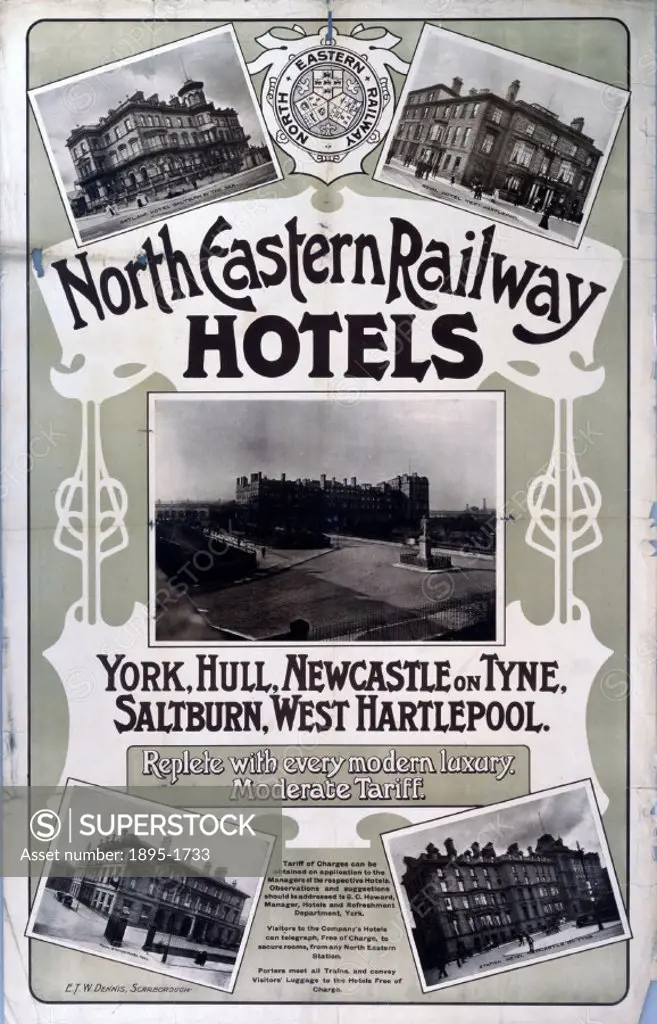 North Eastern Railway poster showing hotels in York, Hull, Newcastle Upon Tyne, Saltburn, and West Hartlepool.