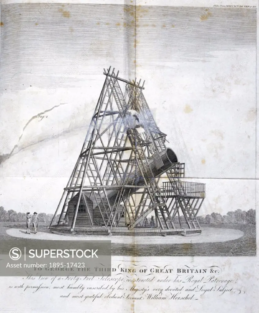 Illustration taken from the periodical ´Philosophical Transactions´. This 40-foot telescope was constructed by Sir William Herschel (1738-1822) in the...