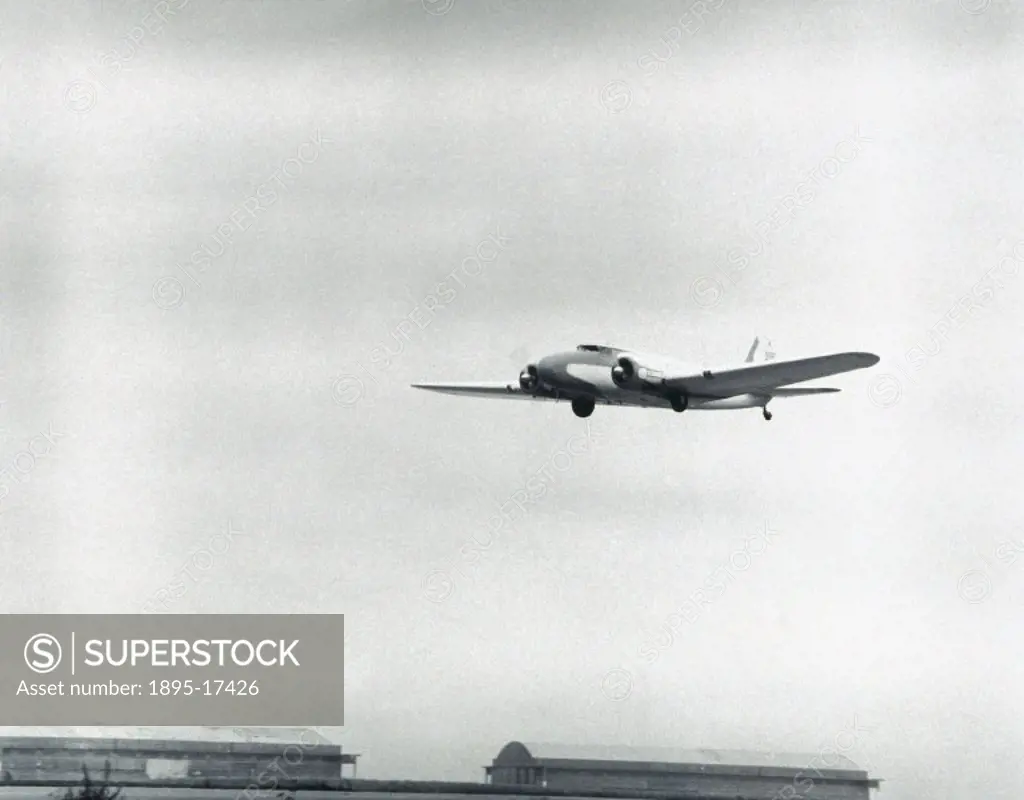 Photograph of a Boeing 247D arriving at the Science Museums Wroughton Airfield. The Boeing 247 was developed from the B-9 bomber of 1931. It carried ...