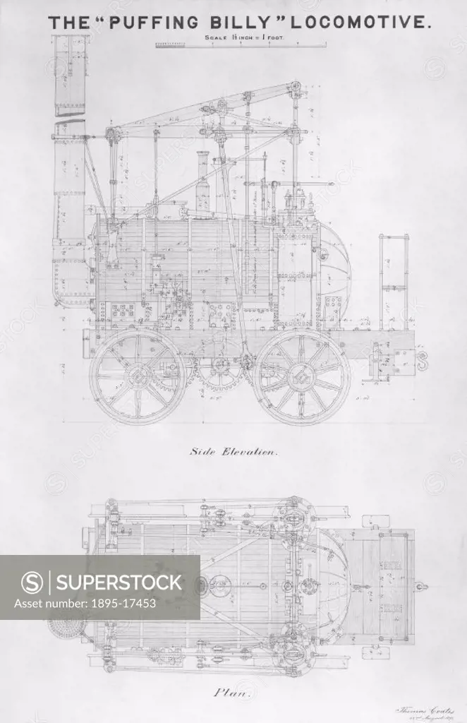 Engineering drawing. This locomotive, with its sister locomotive ´Wylam Dilly´, is the oldest surviving locomotive in the world. Puffing Billy was des...
