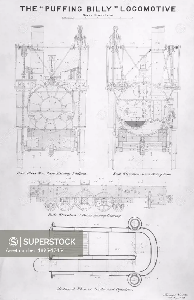 Engineering drawing. This locomotive, with its sister locomotive ´Wylam Dilly´, is the oldest surviving locomotive in the world. Puffing Billy was des...